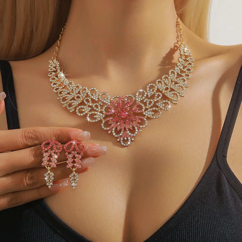 Sc6e5a692ca104ec0a9c3def2c00728eau.jpg Luxury Pink Crystal Flower Jewelry Set Gold Plated Rhinestone Necklace & Earrings for Women Wedding Party Prom Accessories - Image 1