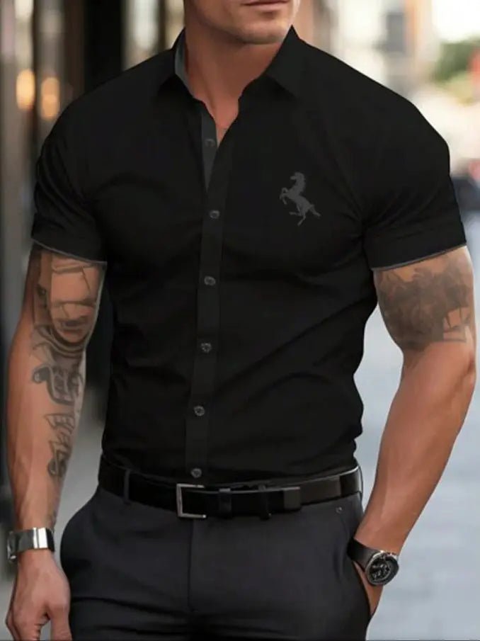 Sc7b994913d1946f4822d969a74145aaab.jpg Men's Summer Minimalist Short Sleeved Shirt Fashionable Black Horse Logo Contrasting T-Shirt Men's Gift - Image 1