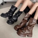 Shoes for Women 2024 Mid-Calf Women's Boots Platform Modern Boots Women Belt Buckle Square Toe Side Zip Square Heel Shoes Female - Image 3
