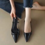 2024 New Summer Women's Dress Shoes Patent Leather Slip on Pointed Toe Sandals Buckle Slingbacks Mid Heels Pumps Sandalias Mujer - Image 2