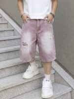 Men Vintage Baggy Distressed Denim Shorts Gradient Wash Ripped Straight High Street Trendy Casual Cargo Summer Jeans Short - Image 4