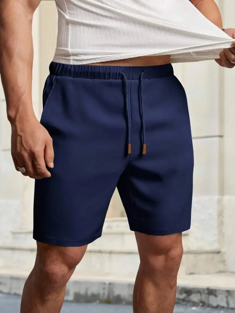 Scb638d4b4fd04f3fb37af64474f0f143G.jpg HIMLAND Men's Solid Color Drawstring Waist Casual Shorts, Versatile, Vacation, Father's Day Gifts, Football - Image 1