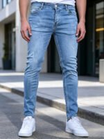 Slim Fit Jeans Men Sky Blue Fine Distressed Hole Design Jeans Versatile Mid Waist All Season Pants Urban Daily Matching Casual Long Trousers - Image 2