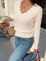 Lightweight Knit Sweaters Top For Women Daily Wear Scallop Edges V Neck Pullover Tops Autumn And Winter Long Sleeved - Image 2