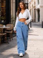 Y2K Bow Embroidery Wide Leg Jeans for Women, High Rise Vintage Light Wash Baggy Denim Trousers Trendy Casual Streetwear Daily Pants - Image 2