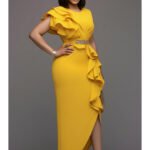 Women's Round Neck Ruffle Decor Split Maxi Bodycon Dress For Wedding Guest Banquet Evening Party Formal Fashion Occasions