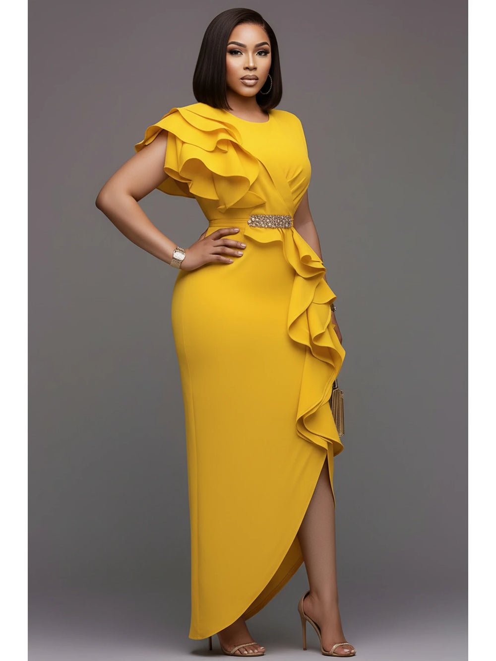 Sce01e37642084a5c9e6492b9a8cbc87ax.jpg Women's Round Neck Ruffle Decor Split Maxi Bodycon Dress For Wedding Guest Banquet Evening Party Formal Fashion Occasions - Image 1