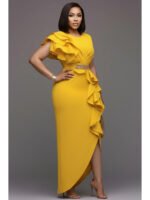 Women's Round Neck Ruffle Decor Split Maxi Bodycon Dress For Wedding Guest Banquet Evening Party Formal Fashion Occasions - Image 6
