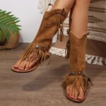 Flip Flops Sandals Fringes Thong Flats Shoes For Women Suede Tassels Womens Retro Casual Tassel Sandals - Image 6