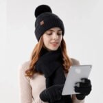 3pcs/set Winter Beanie Hat Scarf Touchscreen Gloves Set for Women Warm Knit Fleece Lined Hat Set Leather Label Fur Ball Cap - Image 2