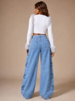 Y2K Bow Embroidery Wide Leg Jeans for Women, High Rise Vintage Light Wash Baggy Denim Trousers Trendy Casual Streetwear Daily Pants - Image 3
