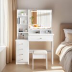 Vanity Desk Makeup Vanity Desk with Mirror and Lights, Makeup Vanity Set with Drawers, Stool and Open Shelves, 3 Color Lighting Modes Brightness Adjustable Dressing Table for Bedroom