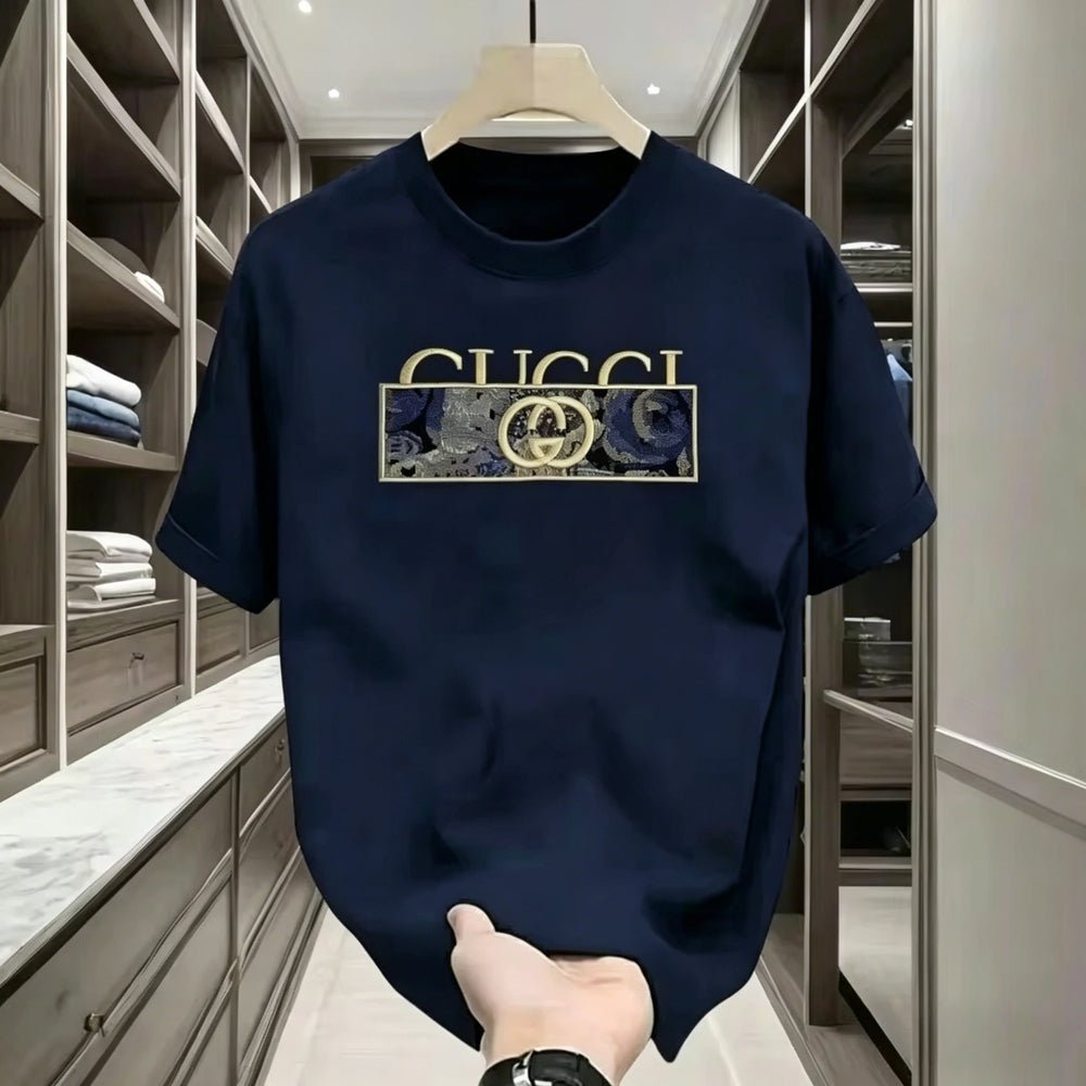 Sd4fb488ab221466fbb540625a6a8f230u.jpg Men's Luxury Style T-Shirt Casual Cotton Short Sleeve Crew Neck Navy Blue Fashion Streetwear Tee for Daily Wear Print Pattern - Image 1