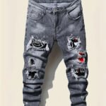 Men's jeans with splatter graffiti, ripped patches, distressed wash, slim fit, slimming, versatile casual long pants