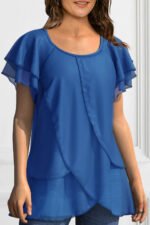 Women Plus Size Blouse Chiffon Short Sleeve Round Neck Elegant Irregular Hem Office Lady Summer Chiffon Blouse Tops - Image 6