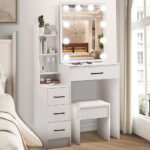 Modern White Dressing Table Stool Set with 3-Color Adjustable LED Light Mirror 4 Drawers For Bedroom Living Room Vanity Table - Image 6