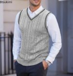 New Men's Knit V-Neck Sweater Vest Contrast Color Stripe Design Sleeveless Knitted Pullover Sweaters Men Smart Casual Waistcoats - Image 6