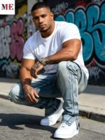 HME Men's Flared Denim Pants, Light Blue Vintage Jeans with Rips & Zipper Hem for Casual Style - Image 5