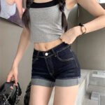 Retro Roll Up Hem Washed Denim Shorts Women Streetwear High Waist Slimming Hot Pants Korean Fashion Deep Blue Hip Wrapping Jeans - Image 2