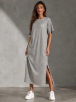 Smiley Letter Print Side Split Loose Oversized Women T‑Shirt Maxi Dress, Crew Neck Short Sleeve Casual Long Tee Dress, Soft Loungewear Nightgown, Streetwear Sundress for Daily Home Party Vacation Travel Shopping Casual Occa - Image 4