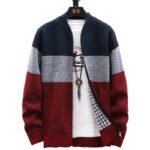 Autumn Winter Cardigan Sweater Men Fleece Zipper Sweaters Velvet Contrast Striped Sweater Coats Casual Jackets - Image 2