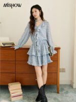 MISHOW Floral Dress for Women Cotton 2026 Spring Blue Luxury V-neck Ruffled Puff Sleeve Dress Party Midi Dress Woman MXE46L2517 - Image 4