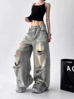 American Vintage Trend Ripped Frayed Baggy Jeans Women Y2K Street-Style Distressed Design Fashionable Versatile Wide-Leg Pants - Image 3