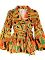 Women's Notched Lapel Long Sleeve Printed Wrap Peplum Top For Daily Vacation Street Casual Fashion Occasions - Image 3