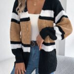 Women's Color Block Striped Cardigan Sweaters 2026 Autumn Winter Casual Lantern Long Sleeve Knitted Coats Fashion Woman Outwear