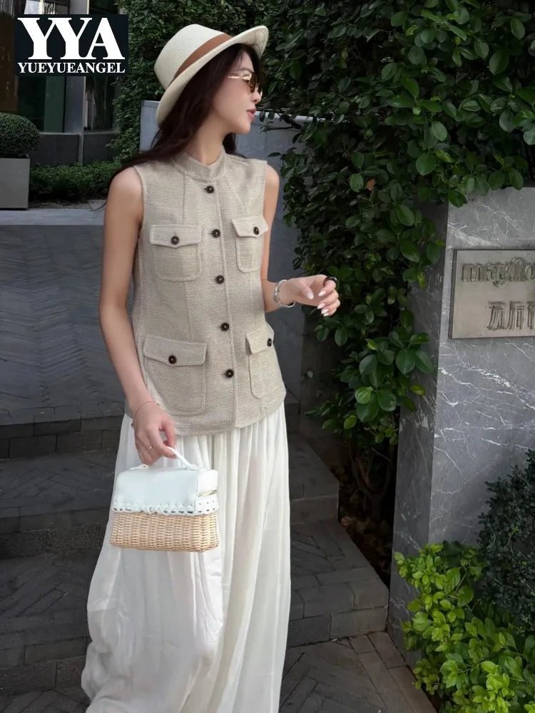 Se59586cee711443194e50922ca9dbea7L.jpg Summer Female Hollow Out O Neck Vest New Women Single Breasted Leisure Vests Fashion Thin Sleeveless Jacket Solid Color Tank Top - Image 1