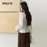 MISHOW Women's French Lace Trim Blouse 2026 Autumn V‑Neck Tie Front Loose solid blouses Babydoll Style Casual Tops MXF43X2783 - Image 3