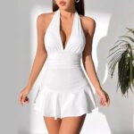 Women's Halter Deep V Neck Mini Dress, Ruched Waist Flared Ruffle Hem Bodycon Dress, Sexy Sleeveless Slim Fit Party Club Short Dress