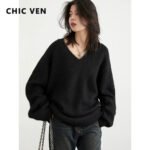 CHIC VEN Women Sweaters Solid Loose Pullovers New V-neck Knitwear Knitted Jumpers Female Top Fashion Woman Autumn Winter 2024