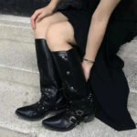 Woman Black Punk Knee High Platform Low Heel Trend Punk Gothic New Rock Leather Fashion Women Chunky Knight Motorcycle Footwear - Image 3