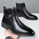 Mens Buckle Strap Ankle Boots Pointed Toe Leather Formal Chelsea Boots Man Business Dress Short Botas for Men High Top Footwear - Image 3