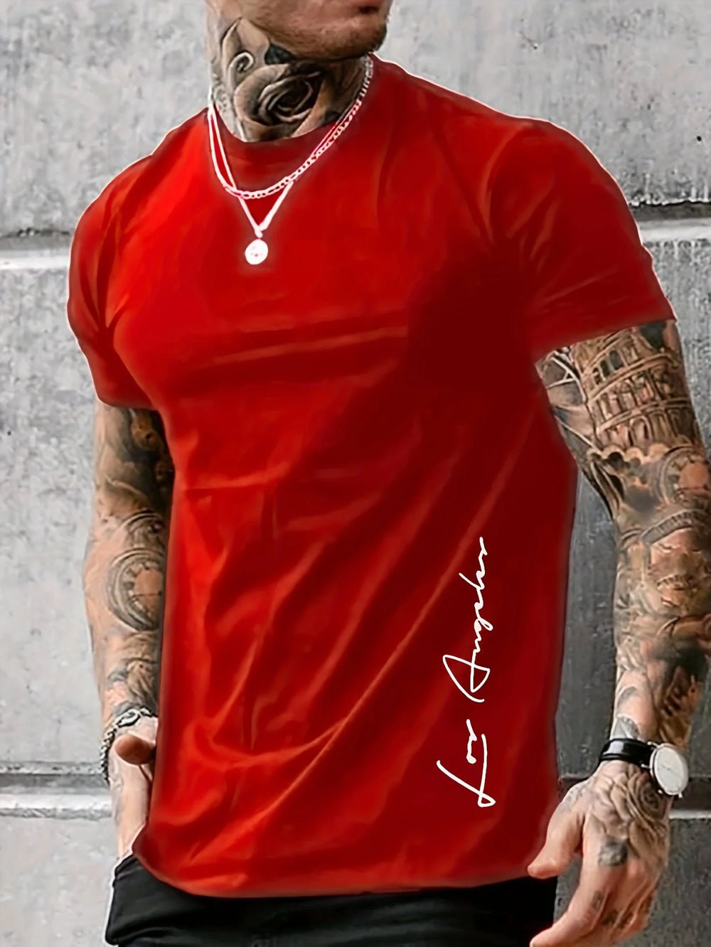 Se9180aab107b4fc6963a1b7758123463Q.jpg Men's 100 cotton summer loose Contrast Color Alphabet los Angelest print slim fit casual sports round neck short sleeved T-shirt - Image 1