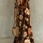 Women Lapel Collar Long Sleeve Floral Print Maxi Dress Waist‑Defined Flared Hem Long Gown For Holiday Formal Occasion