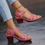 2026 Summer Plus Size 36-43 Sandals for Women, Stitched Thick High Heel, Comfortable Peep Toe, Single Strap Women's Sandals 43 - Image 4