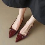 2024 New Summer Women's Dress Shoes Patent Leather Slip on Pointed Toe Sandals Buckle Slingbacks Mid Heels Pumps Sandalias Mujer - Image 3