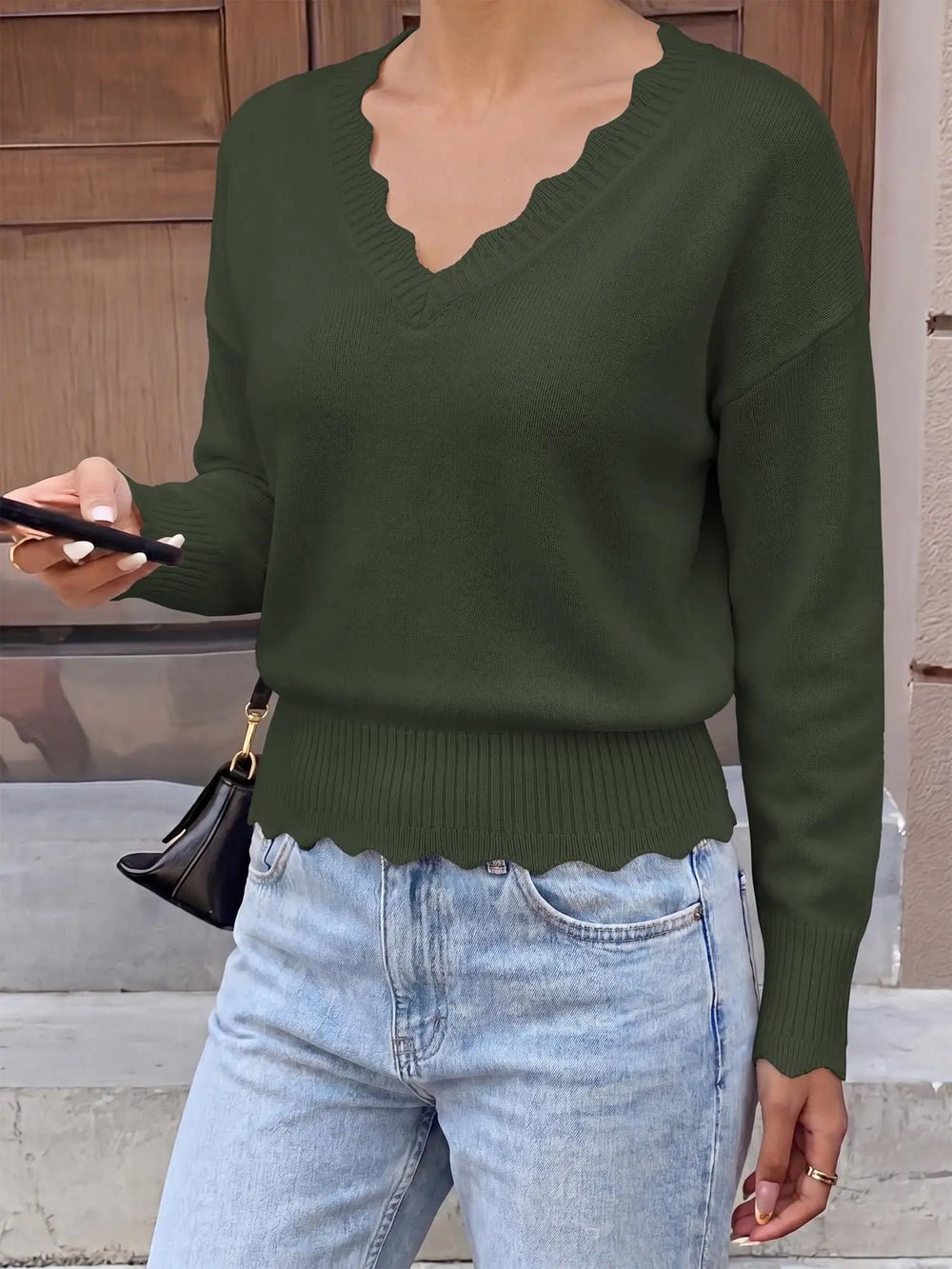 Seac6418f6149422286ecbd28b5b00d33w.jpg Lightweight Knit Sweaters Top For Women Daily Wear Scallop Edges V Neck Pullover Tops Autumn And Winter Long Sleeved - Image 1