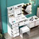 Teousev White LED Makeup Vanity Set with Sliding Mirror, 3-Color Dimmable Lights, 6 Drawers & Stool, Modern Dressing Table
