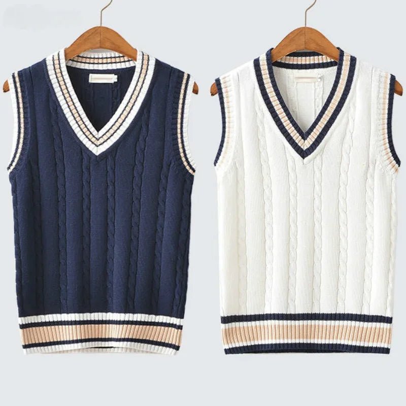 Secc8aeb260dd4ef49c0ffbbd3a4c8cd3w.jpg Sweater Vest Men Thicken V-neck Sleeveless Knitted Sweaters Vests Striped Retro Preppy-style Simple Chic Loose Casual All-match - Image 1