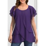 Women Plus Size Blouse Chiffon Short Sleeve Round Neck Elegant Irregular Hem Office Lady Summer Chiffon Blouse Tops - Image 4