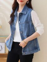 Faionable Embroidered Letter Denim Vest Women's Spring Summer New Sle Svel oulder Pad Thin Outerwear Collar ... - Image 2