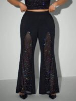 Plus Size Women Mesh Rhinestone Flare Pants High Waist See Through Sparkly Bell Bottom Trousers Night Club Party Black Pants - Image 3