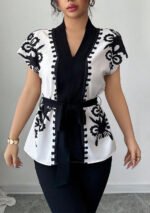 Elegant Summer Commute Floral Print Waist-Cinching Short Sleeve Top for Women Business Casual Shirt - Image 3