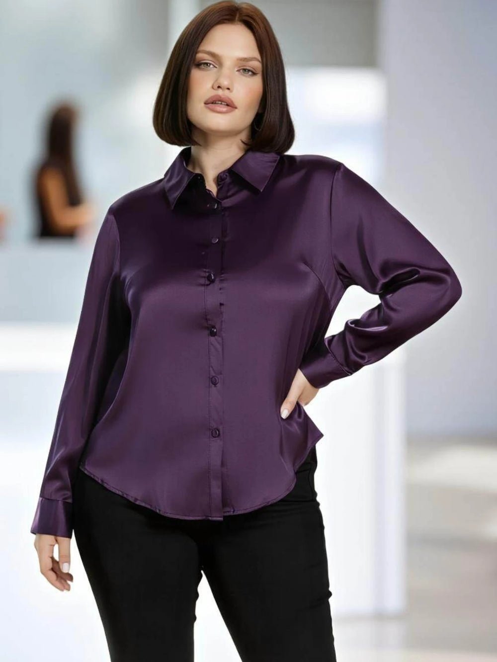 Sf1a10b9b52294efbbc1d3d20bc16fe43b_f7e7bed5-19a8-4a5c-b236-09465c8df728.jpg Women's Plus Size Lapel Long Sleeve Button Down Casual Shirt For Office Daily Weekend Urban Fashion Occasions - Image 1