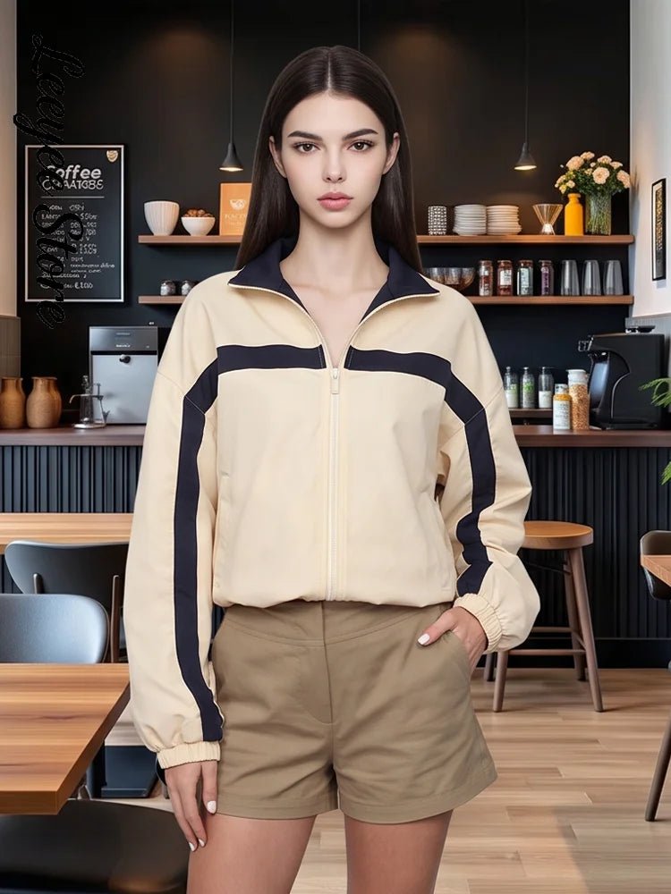 Sf242f72b8cb54d528ec000823c4fabafV.jpg Women's Jackets Beige Black Zip Collar Crop Jacket Lapel Loose Streetwear Spring Autumn Chic Sports Outfits Short Coats 2026 New - Image 1