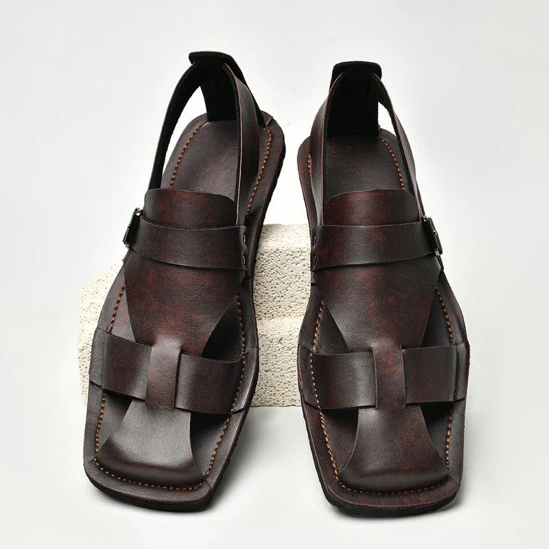 Sf324d457da3540daaca3c62634367732q.jpg Retro Men's Summer Fashion Hollow Breathable Sandals Comfortable Anti-Slip Wear-Resistant Handmade Roman Style Slippers - Image 1