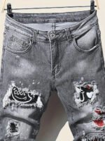 Men's jeans with splatter graffiti, ripped patches, distressed wash, slim fit, slimming, versatile casual long pants - Image 4